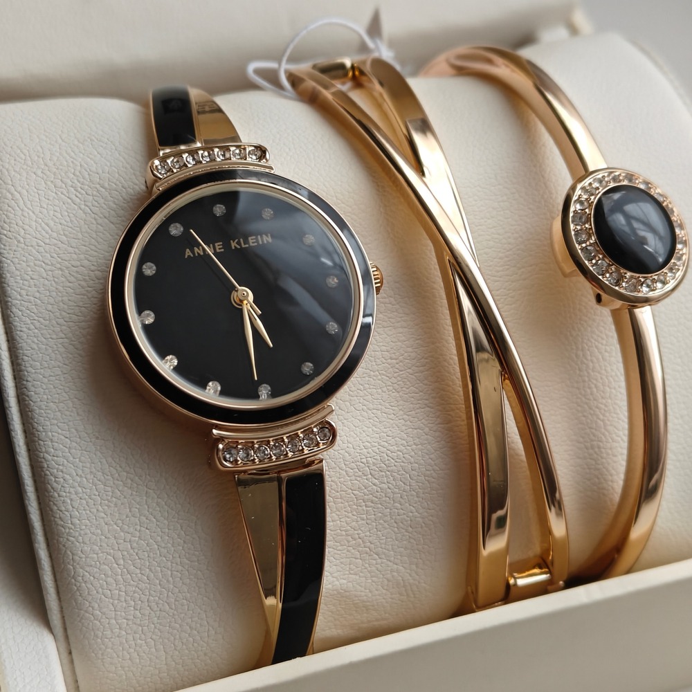 Anne Klein Womens Gold Tone Black Enamel Watch Round Bangle Bracelet Set Crystal